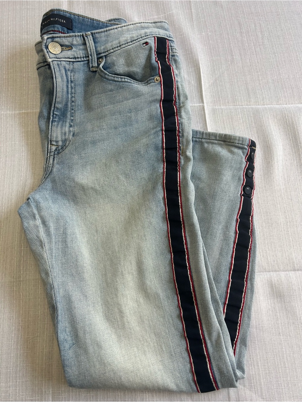 Tommy Hilfiger Light Washed Blue, Red & White Striped Trim & ankle buttons 90’s
